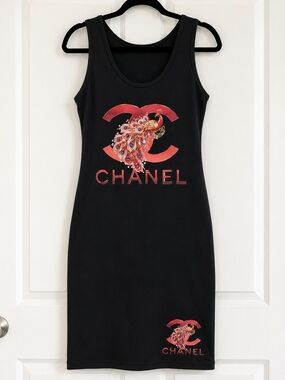 Black Midi Tank Dress with Red Pink Peacock Logo